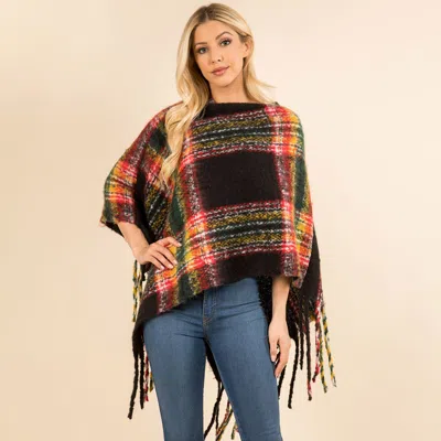 Truedames Plaid Fringe Hem Poncho In Black