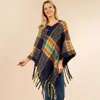 Truedames Plaid Fringe Hem Poncho In Blue
