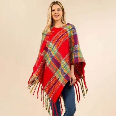 Truedames Plaid Fringe Hem Poncho In Red