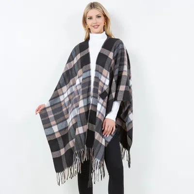 Truedames Plaid Fringe Poncho Shawl Wrap In Blue