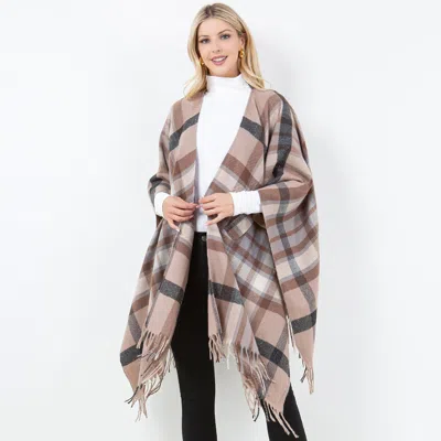Truedames Plaid Fringe Poncho Shawl Wrap In Brown
