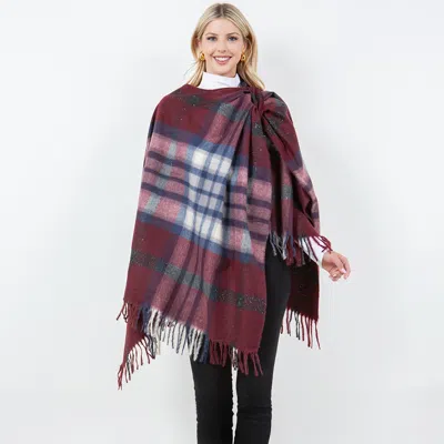 Truedames Plaid Fringe Poncho Shawl Wrap In Red