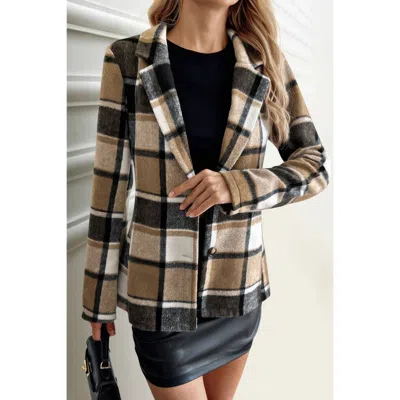Truedames Plaid Lapel Collar Long Sleeve Button Coat In Brown