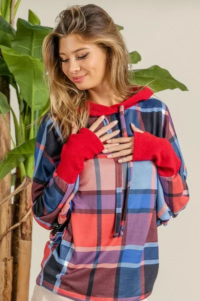 Truedames Plaid Mirr Brushed Rib Contrast Thumb Open Hoodie In Red