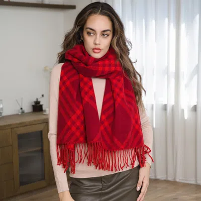 Truedames Plaid Pattern Fringe Winter Scarf In Red