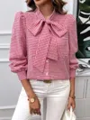 Truedames Plaid Puff Sleeves Loose Button Trim Knot Blouse In Multi