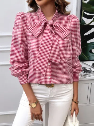 Truedames Plaid Puff Sleeves Loose Button Trim Knot Blouse In Multi