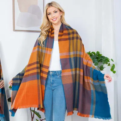 Truedames Plaid Shawl Poncho Scarf In Orange