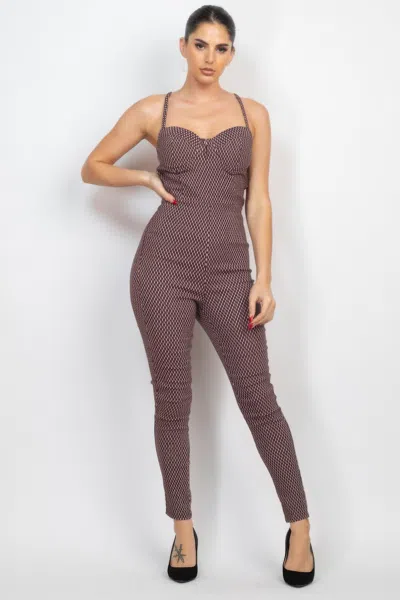 Truedames Plaid Sleeveless Zippered Jumpsuit In Brown