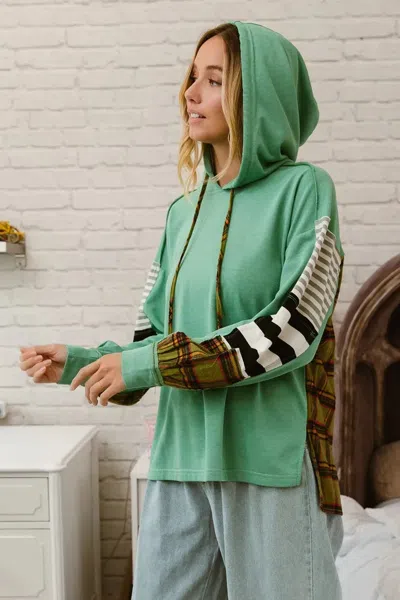 Truedames Plaid With Stripes Mix Match French Terry Hoodie In Green
