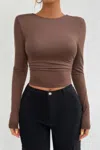 Truedames Plain Long Sleeve Open Back Slim Fit Top In Brown