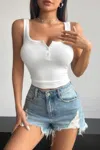Truedames Plain Quarter Button Square Neck Fit Tank In White