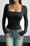 Truedames Plain Ruched Square Neck Slim T Shirt In Black