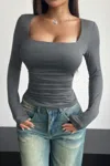 Truedames Plain Ruched Square Neck Slim T Shirt In Gray