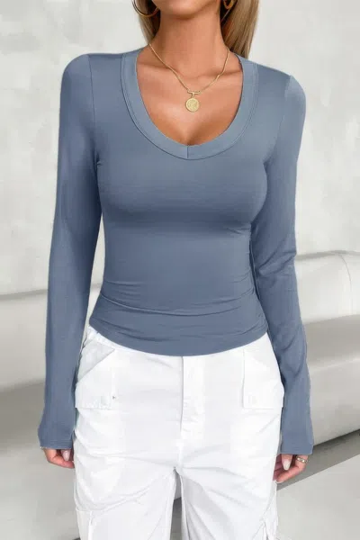 Truedames Plain V Neck Long Sleeve Fit T Shirt In Blue