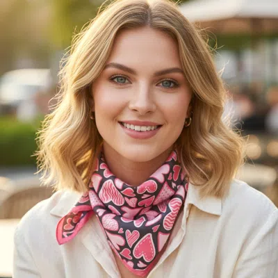 Truedames Playful Heart Pattern Square Bandana Scarf In Pink
