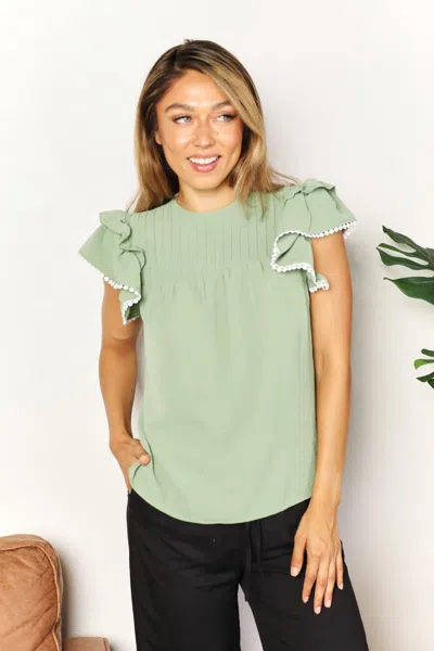 Truedames Pleated Detail Flutter Sleeve Blouse In Green