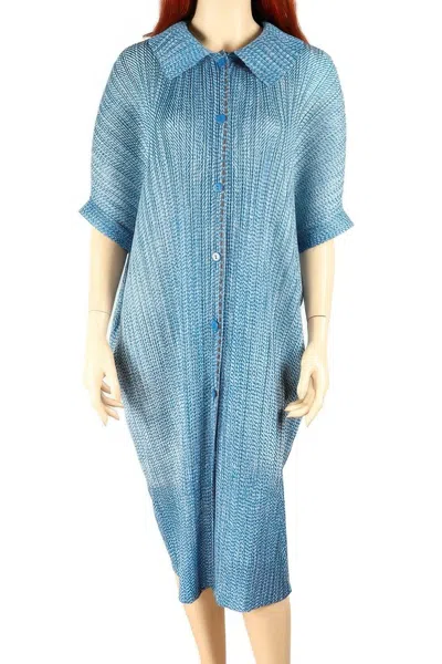 Truedames Pleated Lapel Button-up Blue Midi Shirtdress