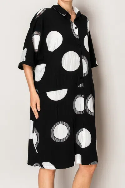 Truedames Pleated Lapel Polka Dot Print Shirtdress In Black
