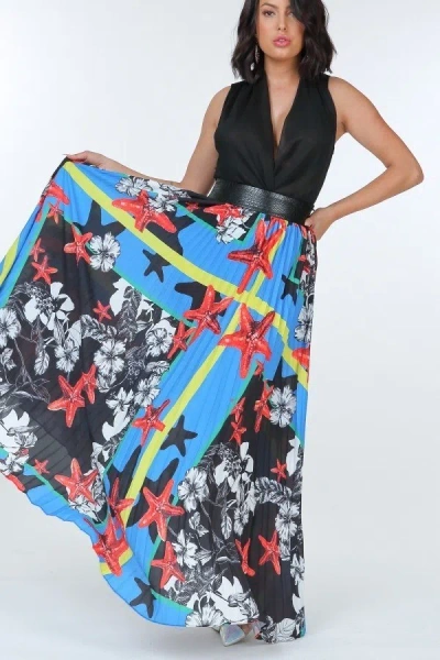 Truedames Pleated Print Maxi Skirt With Leather Waist Band In Multi