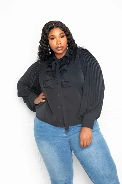 Truedames Pleated Sleeve Blouse With Waterfall Frill And Bow In Black