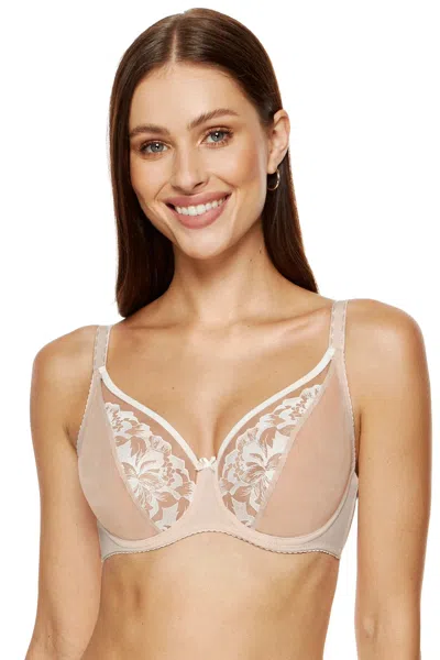 Truedames Plunge Unlined Embroidered Bra In Neutral