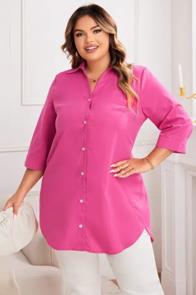 Truedames Plus A Line Button Loose Fit Pockets Solid Dress In Pink