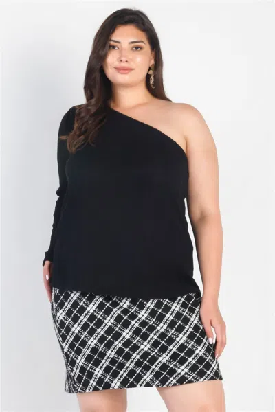 Truedames Plus Black Ribbed One Shoulder Top
