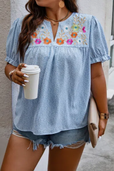 Truedames Plus Boho Flower Decoration Loose V Neck Shirt In Blue