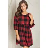 Truedames Plus Checker Balloon Sleeve Midi Dress In Red