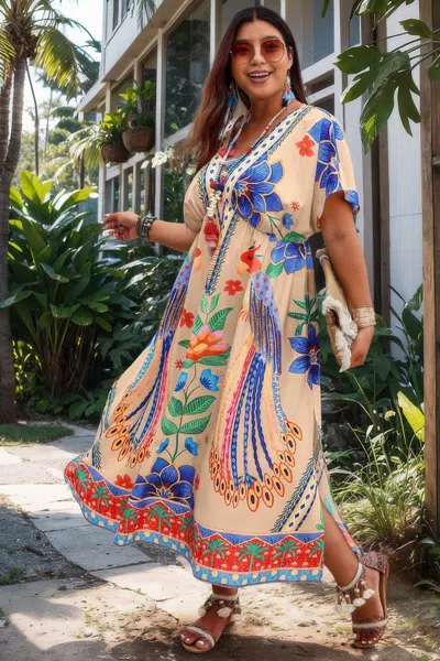 Truedames Plus Deep V Neck Allover Print High Waist Dress In Sand