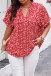 Truedames Plus Floral Print V Neck Short Sleeve Loose Blouse In Red