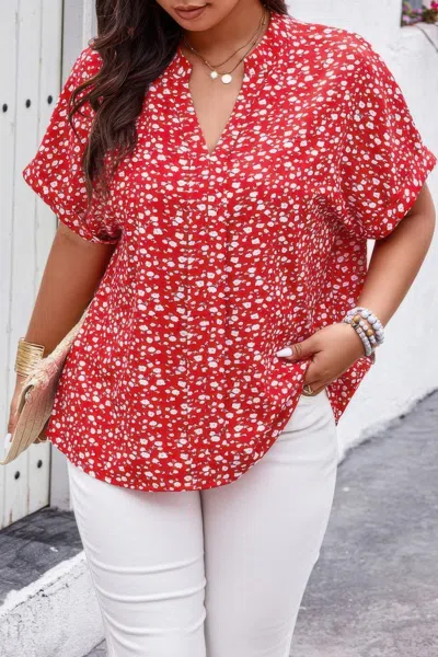 Truedames Plus Floral Print V Neck Short Sleeve Loose Blouse In Red