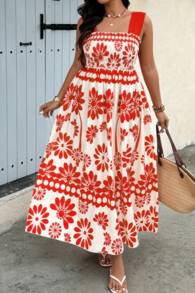 Truedames Plus Floral Printed Square Neck Wide Strap Dress In Red