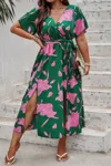 Truedames Plus Floral Short Sleeve Split Belted Midi Dress In Green