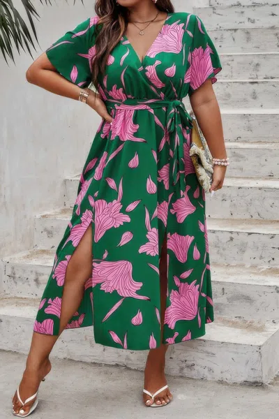 Truedames Plus Floral Short Sleeve Split Belted Midi Dress In Green