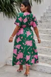 Truedames Plus Floral Short Sleeve Split Belted Midi Dress In Orange