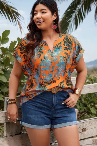Truedames Plus Floral V Neck Batwing Sleeve Loose Shirt In Multi
