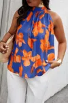 Truedames Plus Gingko Leaf Print Short Sleeve Halter Shirt In Multi