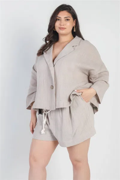 Truedames Plus Grey Button-up Collared Neck Blazer High Waist Shorts Set In Gray