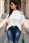 Truedames Plus Halter Open Shoulder Bat Sleeves Loose Top In White