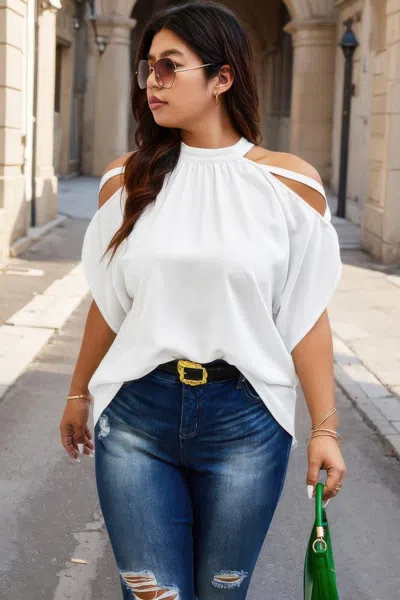 Truedames Plus Halter Open Shoulder Bat Sleeves Loose Top In White