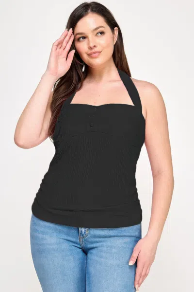 Truedames Plus Halter Tie Crinkle Knit Top In Black