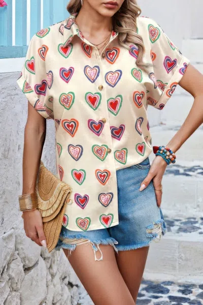 Truedames Plus Heart Print Button Down Batwing Sleeve Blouse In Neutral