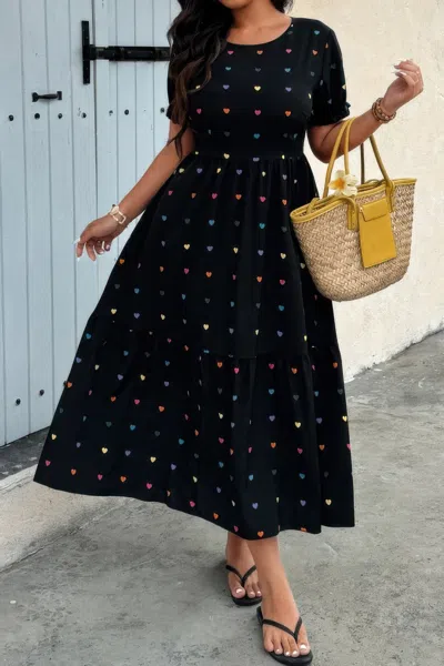 Truedames Plus Heart Print Round Neck Ruffle Hem Dress In Black