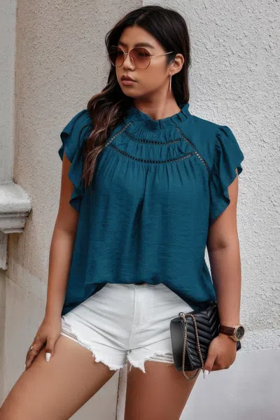 Truedames Plus Hollow Out Frill Collar Cap Sleeves Shirt In Blue