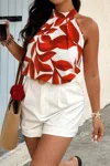 Truedames Plus Plant Print Halter Sleeveless Loose Blouse In Red