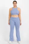Truedames Plus Ribbed Cropped Top And Bootcut Pants Sets In Blue