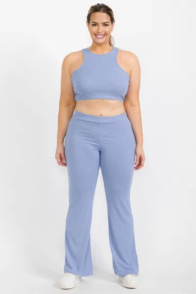 Truedames Plus Ribbed Cropped Top And Bootcut Pants Sets In Blue