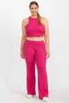 Truedames Plus Ribbed Cropped Top And Bootcut Pants Sets In Pink